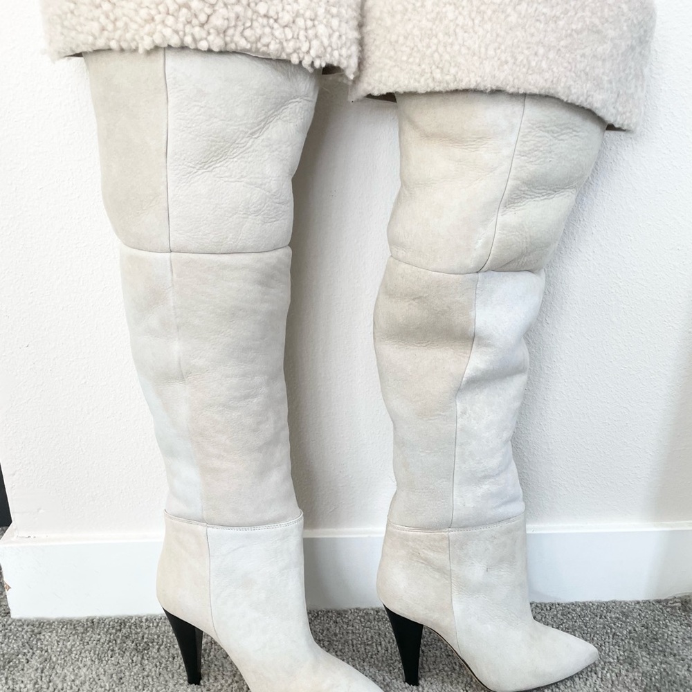 IRO Shearling Knee High Suede Leather Boots Fold Over Beige Gray